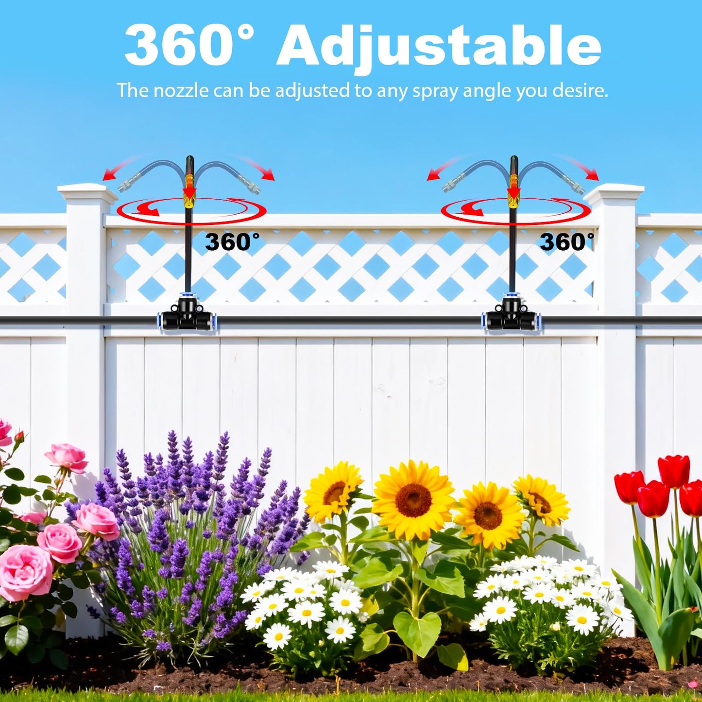Thiswing 360° Adjustable Drip Irrigation System - Compatible 1/4" Irrigation System, 50FT Garden Watering Atomizing System with 15 Nozzles, Greenhouse Accessories for Yard, Lawn, Plants, Garden