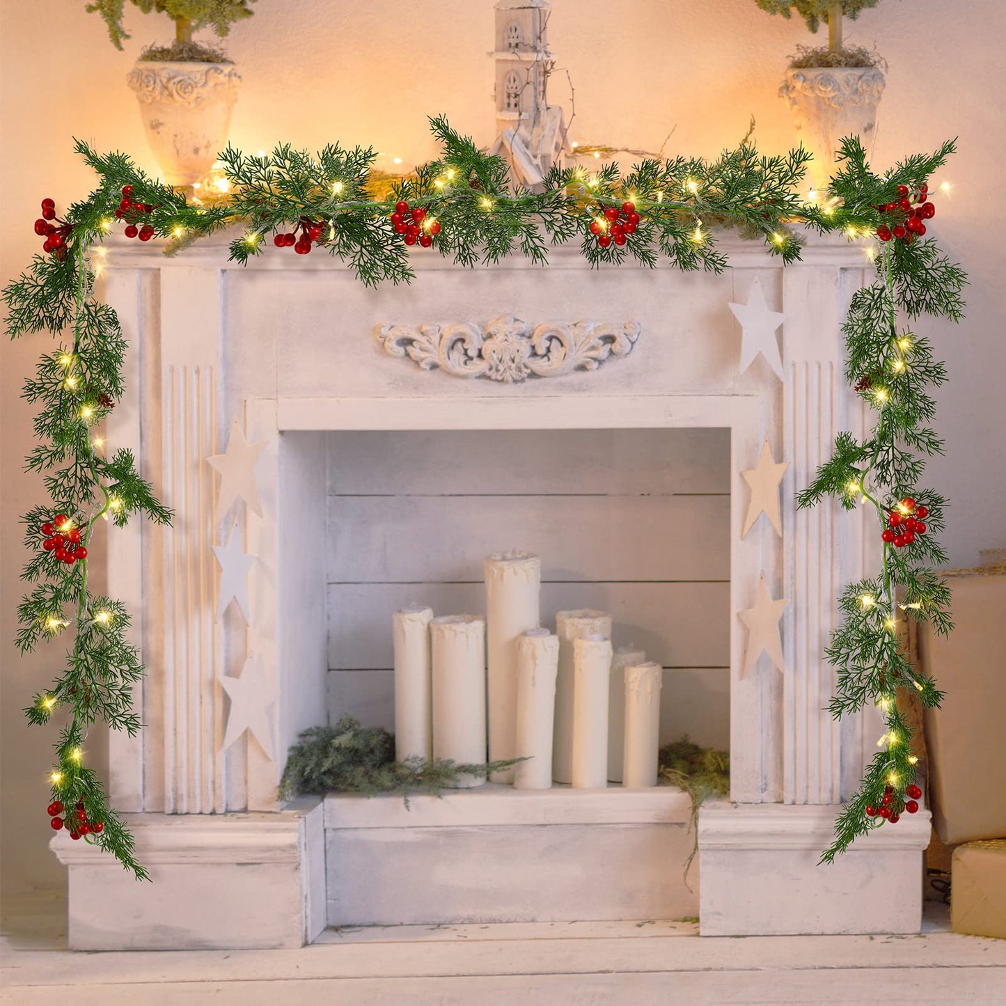 Spiareal 1 Pcs 5.74 ft Christmas Garland with Light Christmas Lighted Pine Garland Prelit Battery Operated Cedar Pine Cone Red Berry Greenery for Mantle Fireplace Decor