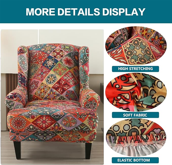 KRFOONN Stretch Wing Chair Slipcovers Printed 2 Piece Wingback Chair Covers