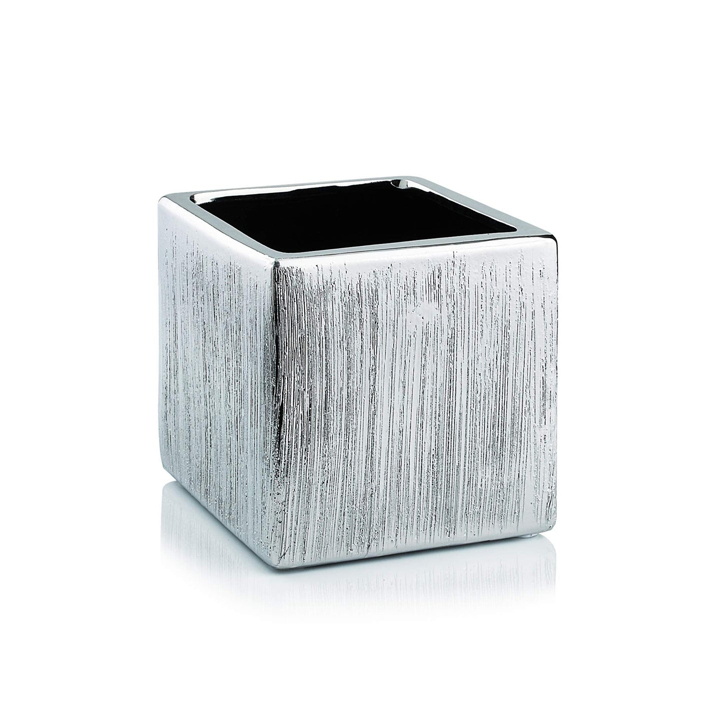 WGV Ceramic Cube Vase Width 4" Height 4" (Fits 3" Pot) Elegant Modern Block Square Floral Planter Terrarium Container Table Dresser for Event Accent Home Office Decor Silver Textured 1 Piece
