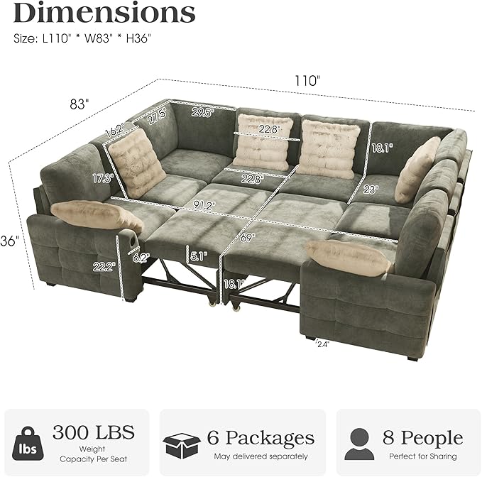 Ihanherry Large U-Shaped Sectional Sofa Bed, 8-Seater Convertible Sleeper