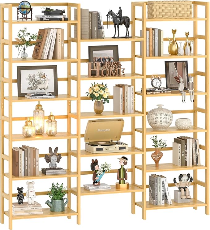 Homykic Bamboo Bookshelf, 71” Tall Triple Wide Bookcase