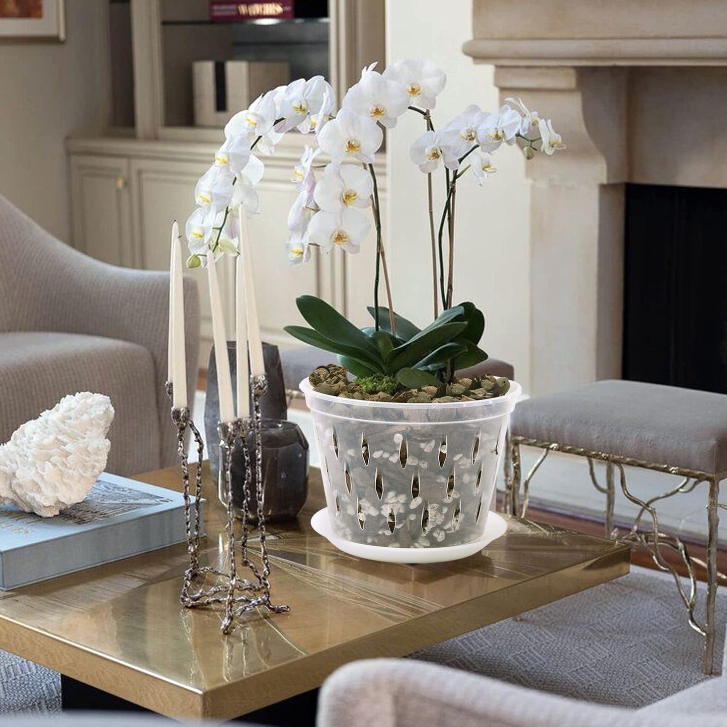 lanccona Orchid Pot, 8 Inch 4 Pack Orchid Pots with Holes and Saucers, Clear Plastic Orchid Pots