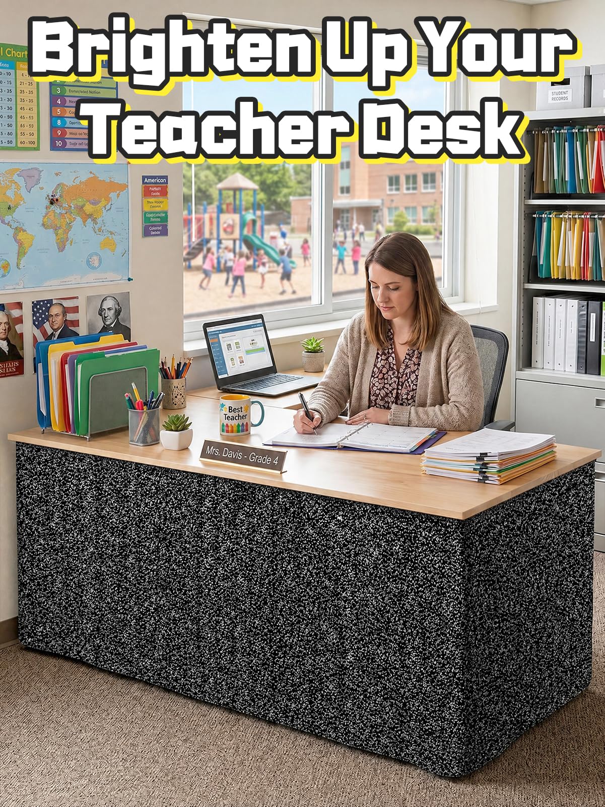 9ft Desk Skirts for Teacher Desk - Hook-and-loop Table Skirt for Classroom Decor, Back to School Supplies, Composition Notebook
