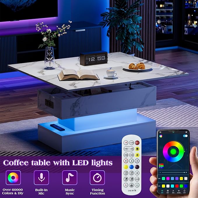 SYESWAY 39.4” Modern High Gloss Marble Lift Top Coffee Table