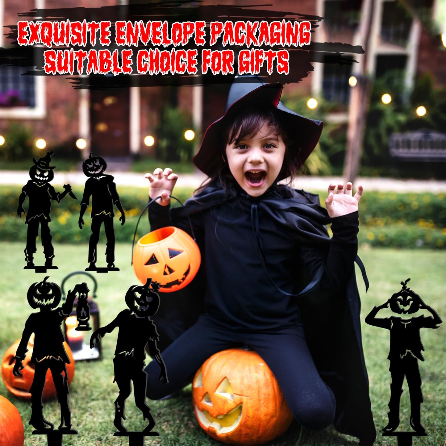5 Pcs Metal Halloween Yard Signs Halloween Outdoor Decorations Black Metal Art Halloweens Yard Stakes Reusable Skeleton Lawn Sign for Zombie Holiday Party Supply Pumpkin Decor for Garden Prop
