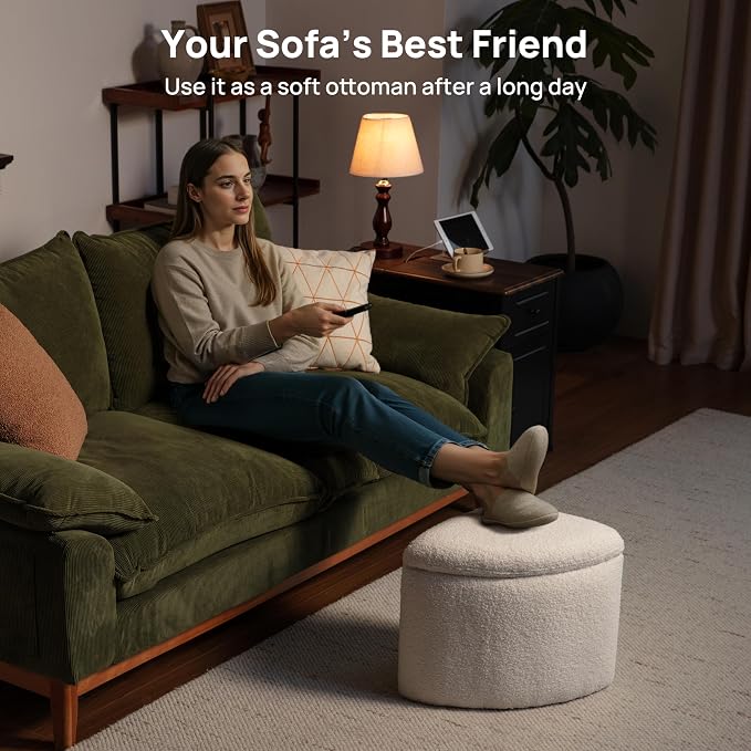 Round Coffee Table with Stools Underneath, Wood Ottoman Coffee Tables with 4 Boucle Storage Ottomans & Seats, Mid-Century Modern Coffee Table with Chairs for Living Room, Small Space, Natural&White