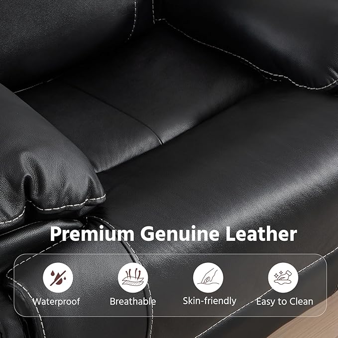 ANJ Premium Genuine Leather Manual Reclining Sofa Couch, Overstuffed 3-Seater