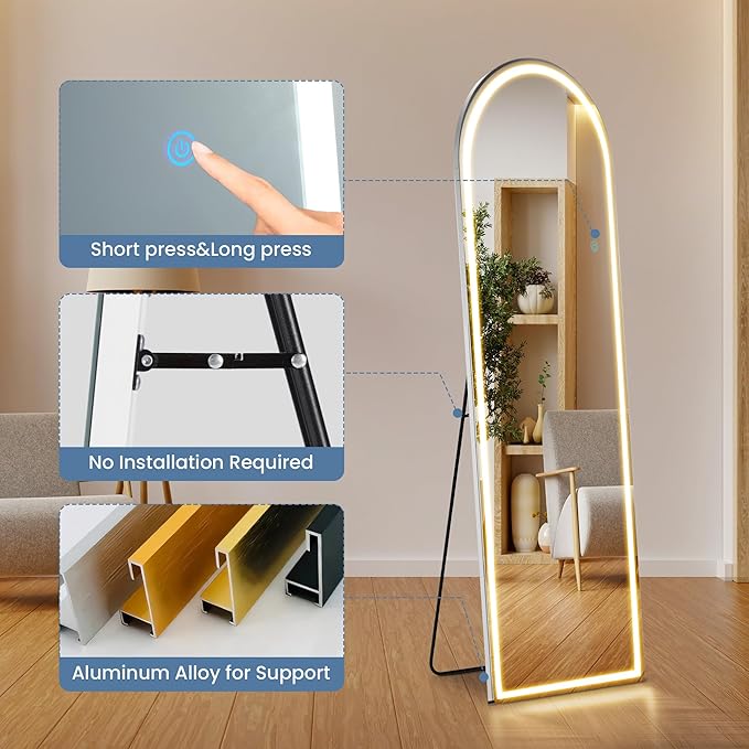OLIXIS 16"x 60" Arched LED Full Length Mirror with Lights, Standing Lighted Floor Full Body Mirror with 3 Color Lighting, Wall Mounted Mirrors for Bedroom, Bathroom, Entryway with Tempered Glass