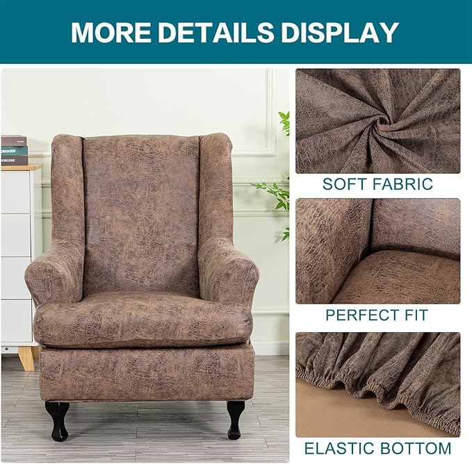 KRFOONN Wing Chair Slipcovers 2 Piece Stretch Leather Look Wingback Chair
