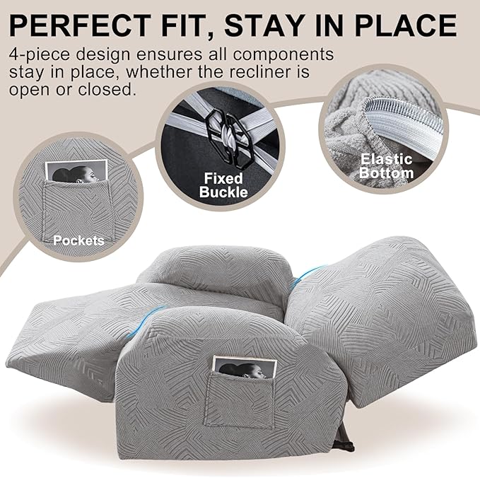 Recliner Chair Covers, 4-Piece Stretch Geometric Strokes Jacquard Reclining
