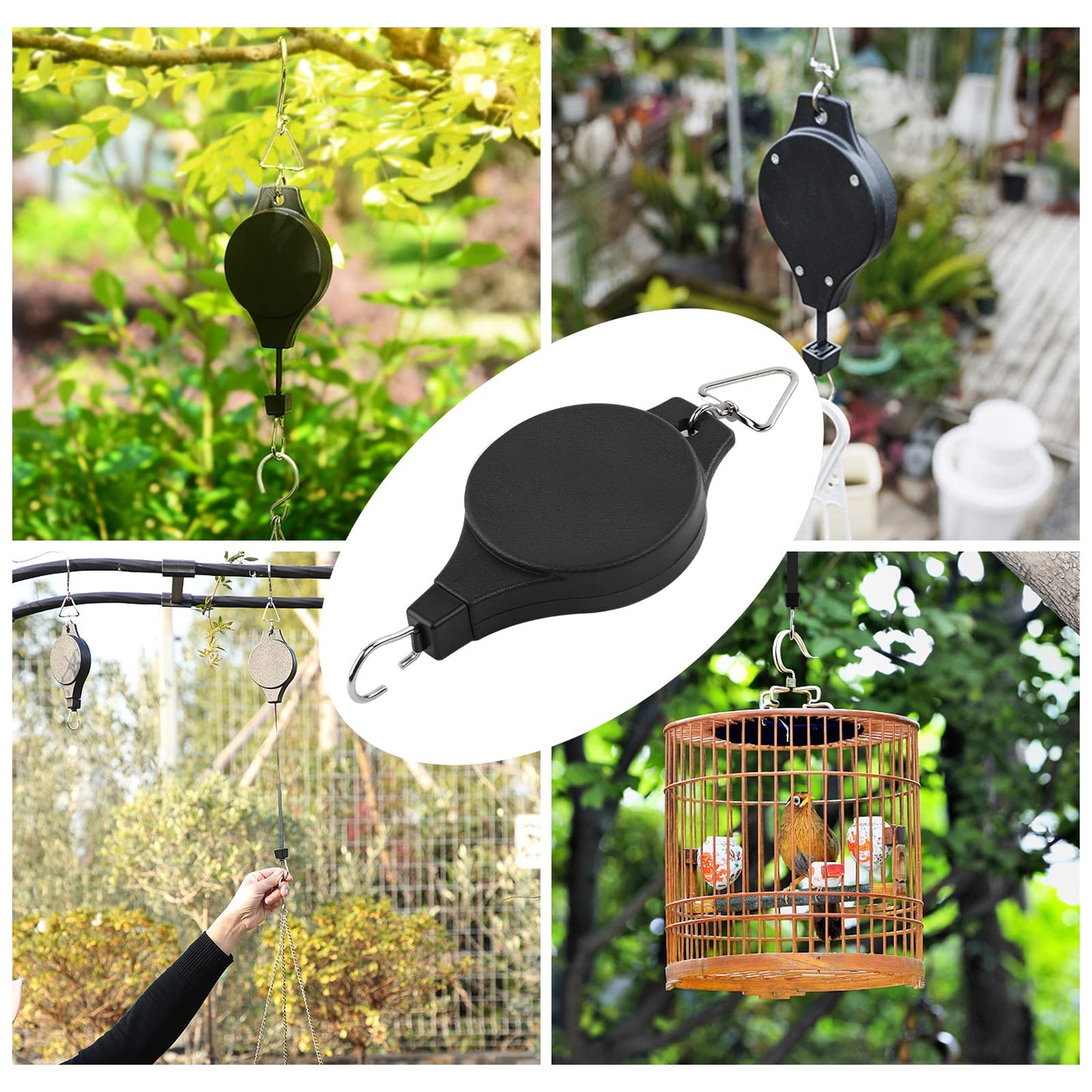 DEWEL 2 Pack Plant Hook Pulley Retractable Plant Hanger for Hanging Garden Plants, Flower Baskets, Flowerpots and Birds Feeder in Adjustable Height, Black