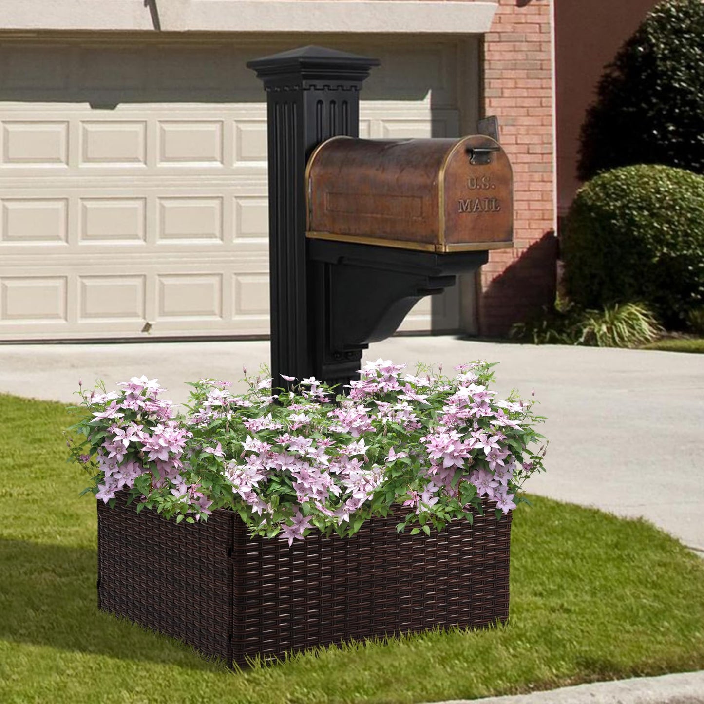SUNNYPARK Mailbox Posts Wrap Planter Box, 24-inch Handmade Rattan Planter for 4x4 6x6 Posts, All-Weather Decorative Flower Box for Outside