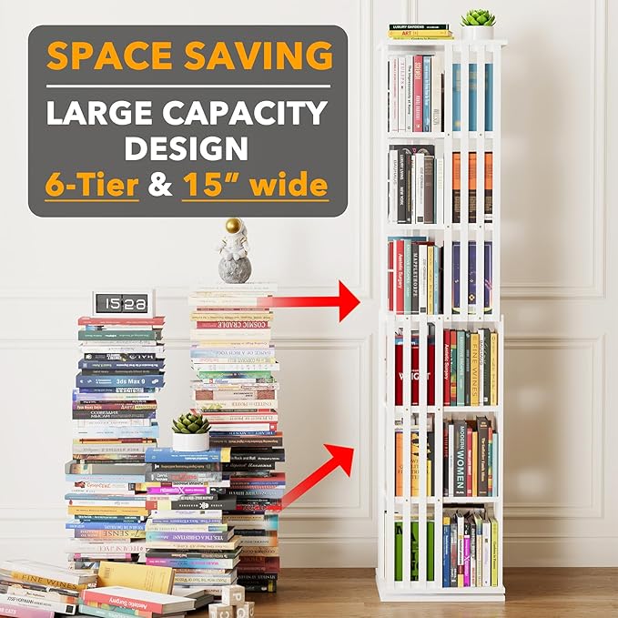 SpaceAid 6 Tier Rotating Bookshelf Tower, Bamboo Spinning Book Shelf, Revolving