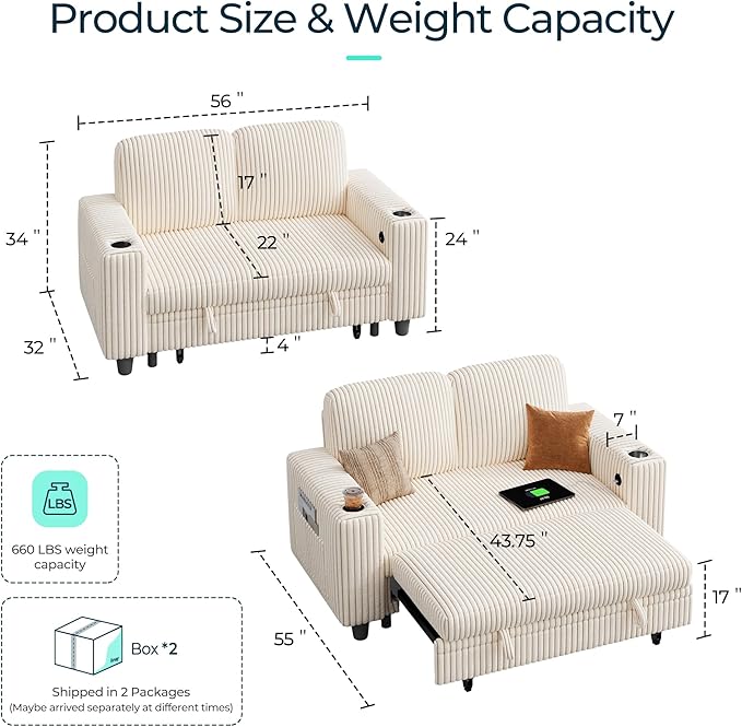LINSY HOME Sectional Sleeper Sofa Bed, Corduroy Pull Out Couch