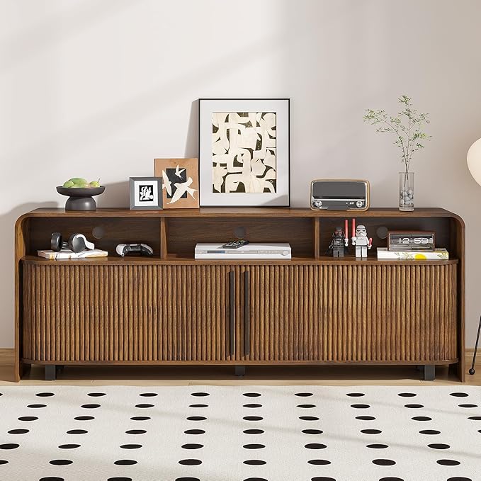 Fluted TV Stand for 75 65 80 Inch TV, 70 Inch Long Walnut Entertainment Center