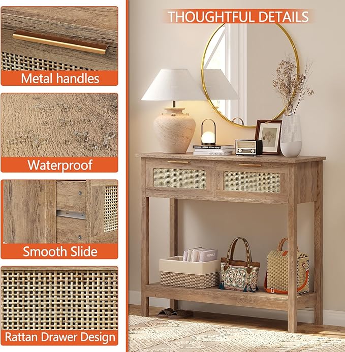 Trironsun Farmhouse Rattan Console Table