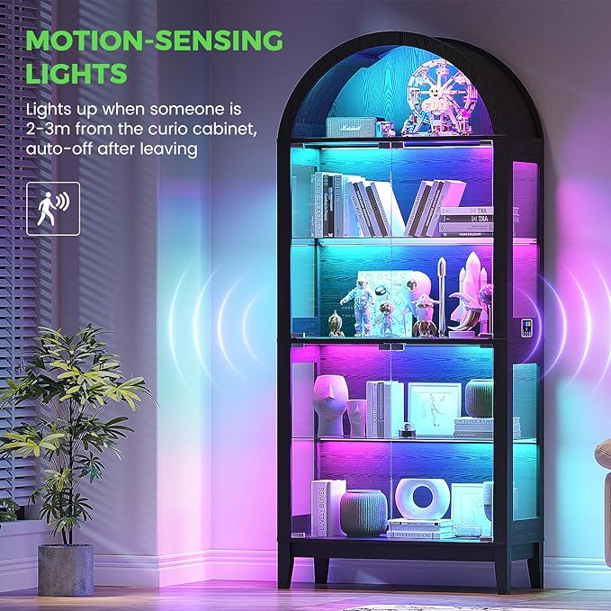 HNEBC Arched Display Case with RGB Lights, LED Curio Cabinet with Shelf