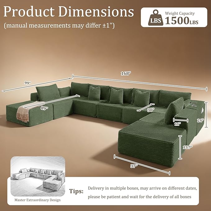 168" Cloud Sectional Couch, Comfort U Shaped Sofa