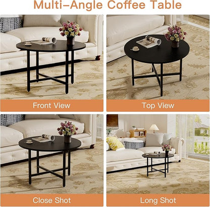 FAMIDGE Coffee Table, 23.6" Coffee Tables for Living Room, Round Coffee Table with Metal Frame, Floor Table for Sitting on The Floor, Home, Office, Black