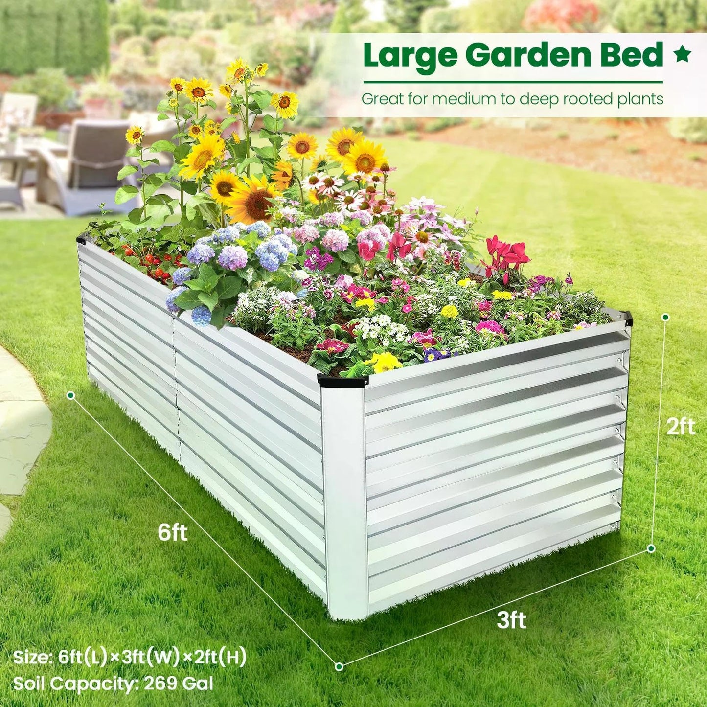 SEJOV 6x3x2ft Raised Garden Bed Kit, Galvanized Planter Raised Garden Boxes Outdoor, Deep Root Raised Planter w/Anti Cutting Strip, Large Metal Raised Garden Bed for Vegetables Flowers Herbs, Silver