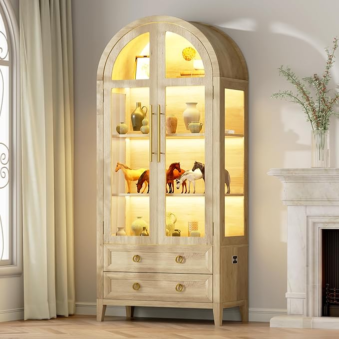 Arched Curio Cabinet with Glass Doors, 4-Tier Display Cabinet with 2 Drawers