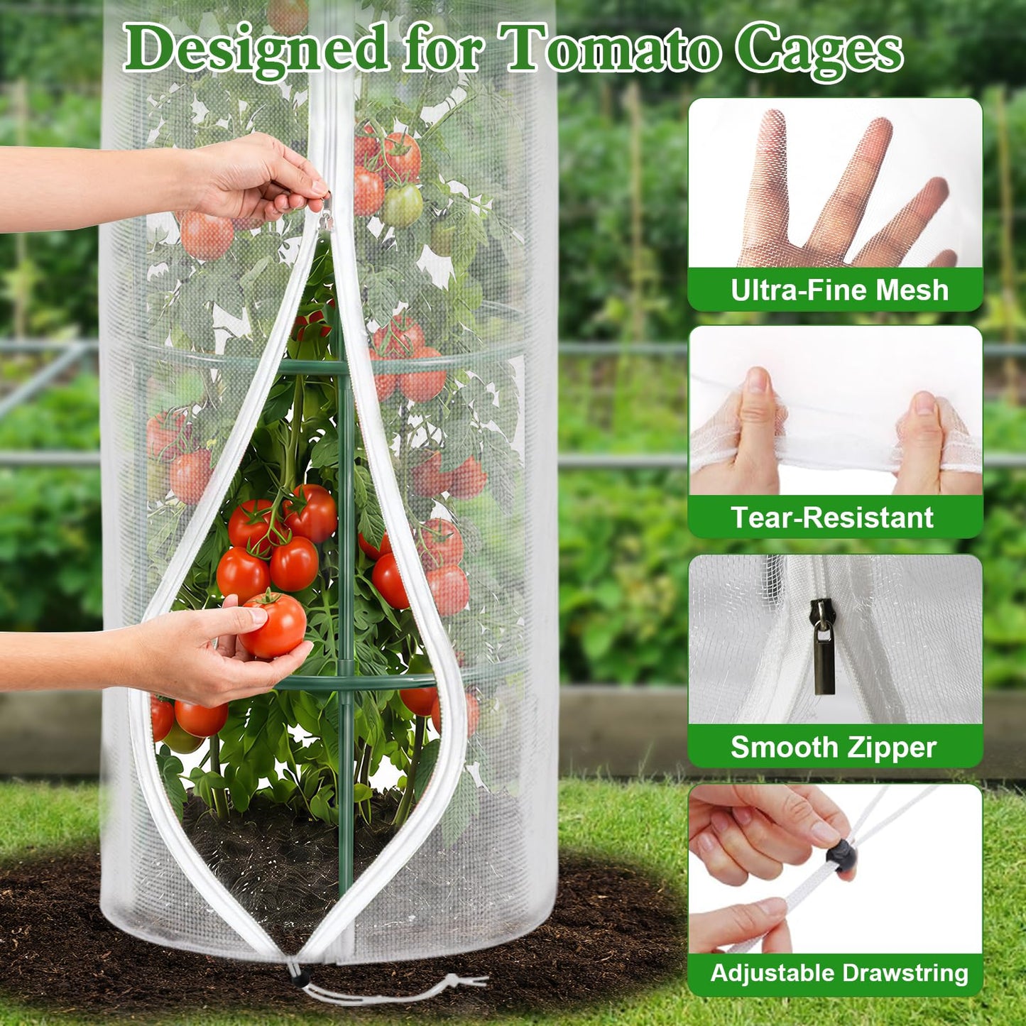 4 Pcs Garden Mesh Plant Cover for Round Tomato Cage, 57" x 15.7" Insect Bird Netting Protection Net Covers with Zipper & Drawstring, Garden Tomato Trellis Netting for Climbing Plants