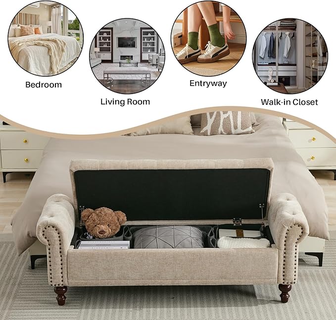 SOFTHION 58.1" Storage Bench Upholstered Chenille End of Bedroom Bed Bench