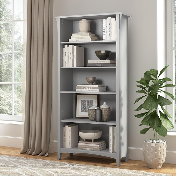 Bush Home Salinas 5 Shelf Bookcase in Cape Cod Gray, Tall Bookshelf, Large Book
