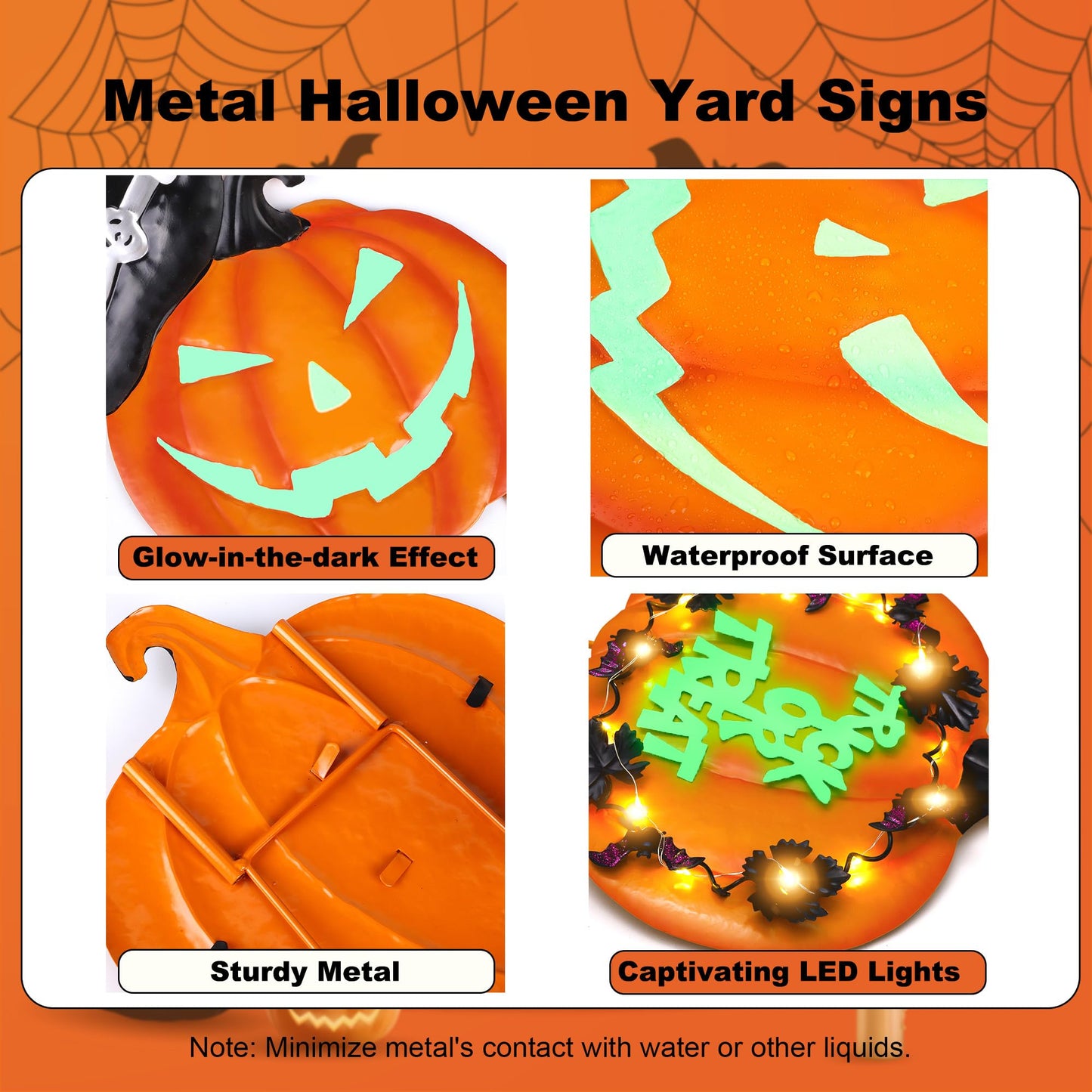 Fovths 6 Pieces 38.2 Inch Metal Halloween Pumpkins Yard Signs with Stakes Waterproof Solar String Lights Pumpkin Ghost Witches Hat Stakes for Halloween Theme Party Outdoor Garden Lawn Decor