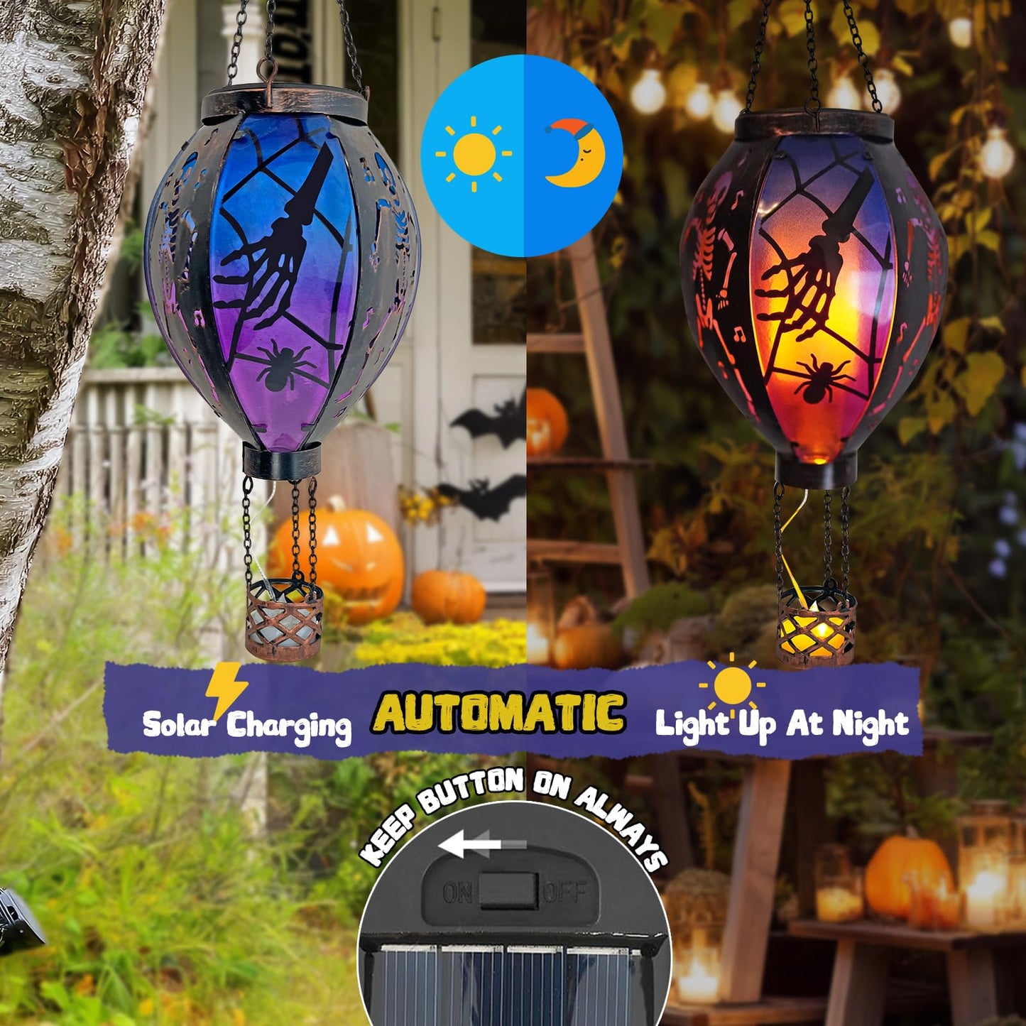 Halloween Outdoor Decorations Hot Air Balloon Solar Lantern with Flickering Flame, Hanging Outdoor Lanterns with Skull Pattern Hollowed-Out Design Halloween Party Decor for Garden, Patio (Halloween)
