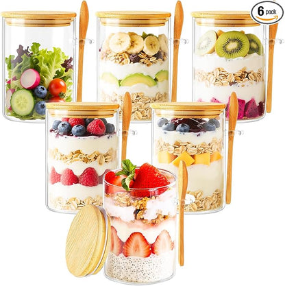TBWIND 6 Pack Overnight Oats Containers with Lids and Spoons, 16oz Glass Jars with Bamboo Lids, Airtight Meal Prep Yogurt Containers for Breakfast, Parfait, Salad, Chia Pudding