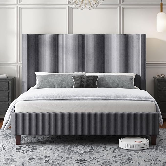 HOWE Queen Size Bed Frame with 50.8" Tall Wingback Headboard, Modern Corduroy