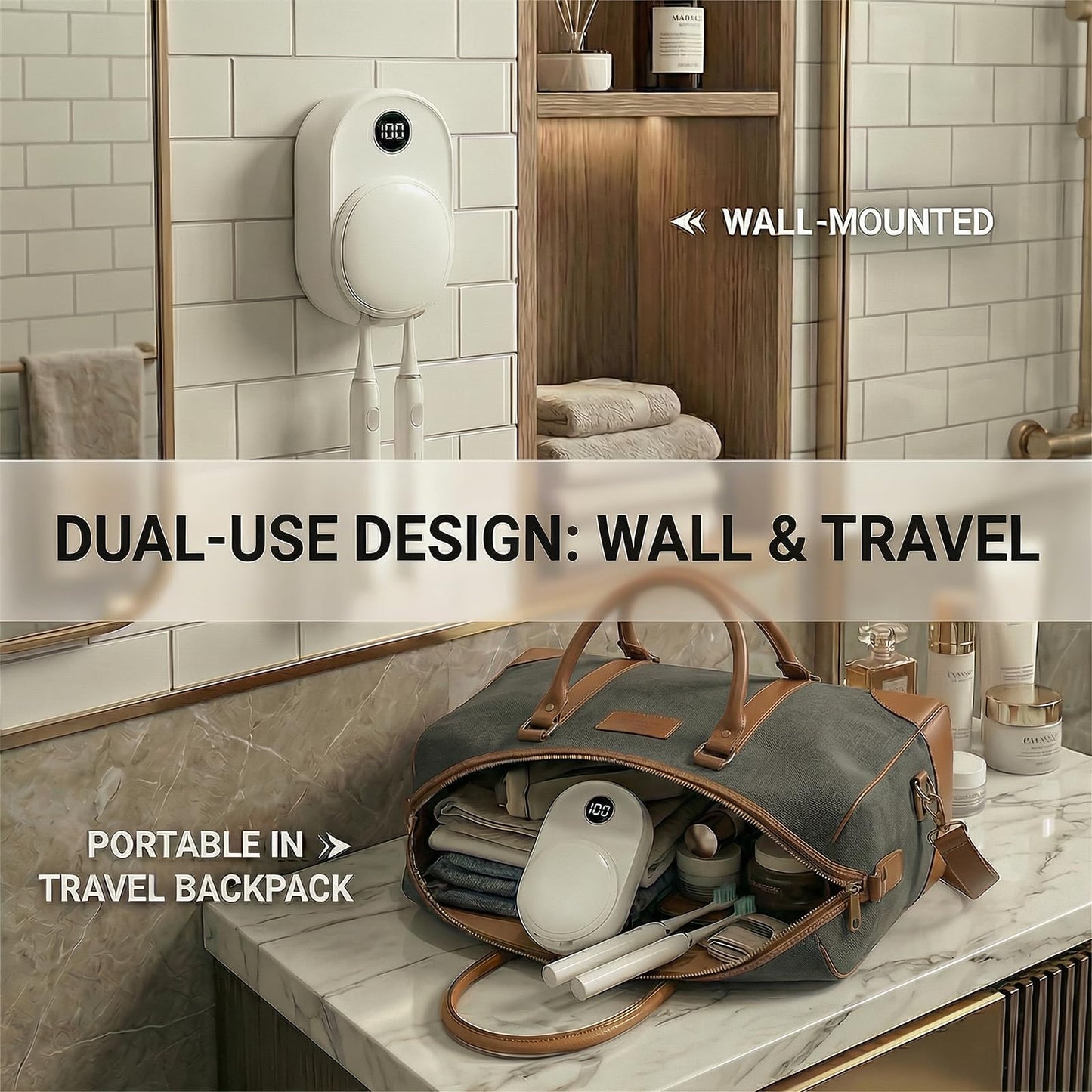 UVaryone UV Toothbrush Sanitizer Holder Wall Mounted for Bathroom, Travel Toothbrush Case Design, Electric Toothbrush Holder with UVA+UVC Light & Fan Drying, USB Rechargeable Toothbrush Cleaner