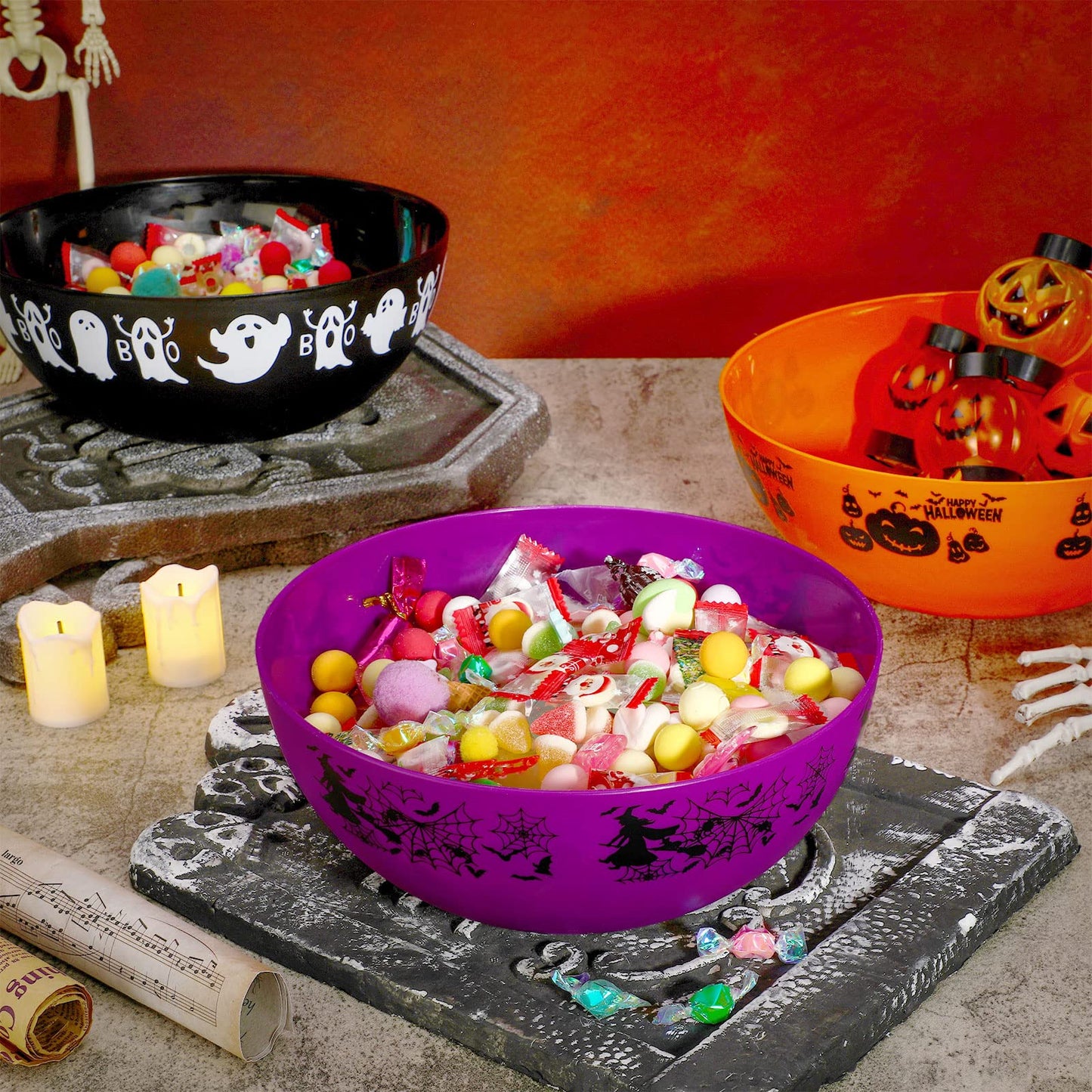 Funtery 6 Pcs Halloween Candy Bowl Ghost Pumpkin Bat Large Plastic Trick Treat Candy Serving Bowls Halloween Ghost Pumpkin Bat Holders Tableware Party Supplies Decorations