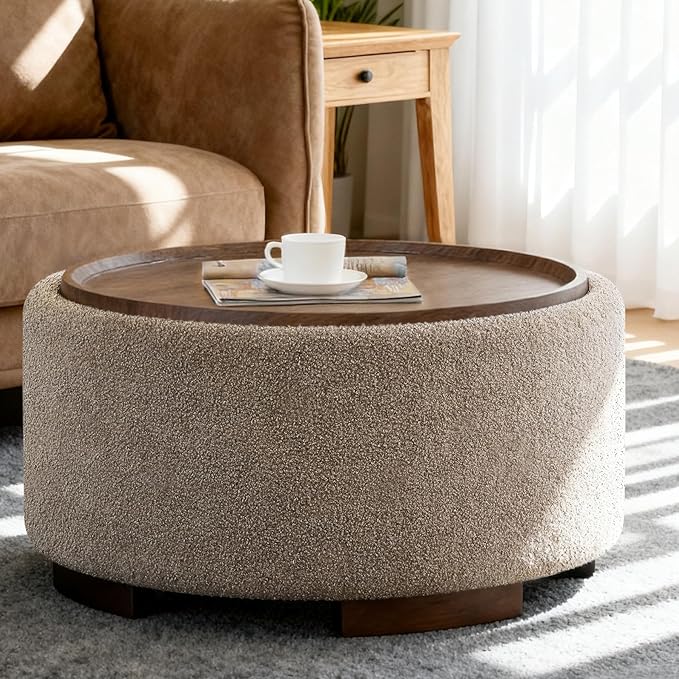 29.5 Inch Round Storage Ottoman Coffee Table, Modern Circle Coffee Table