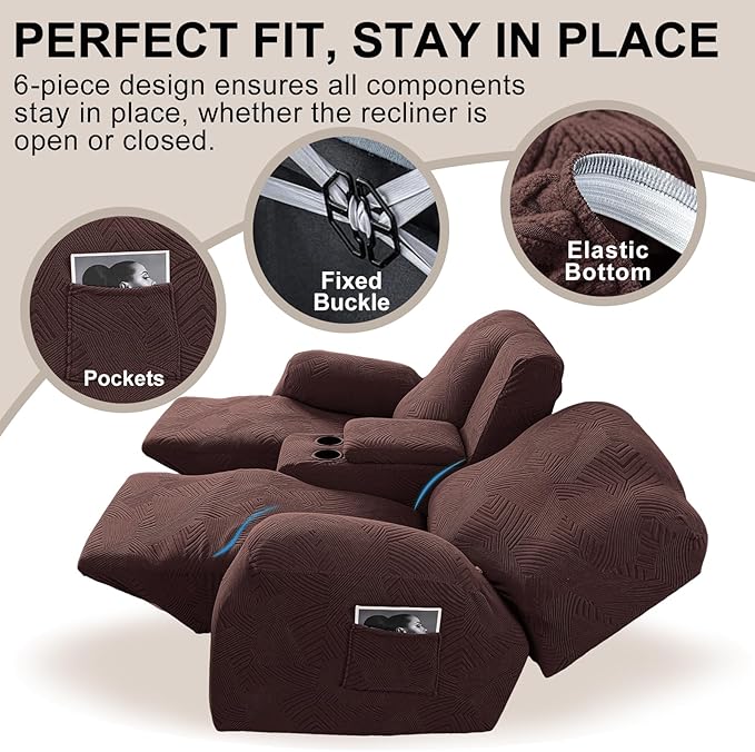 Recliner Loveseat Covers with Console, 6-Piece Stretch Geometric Strokes