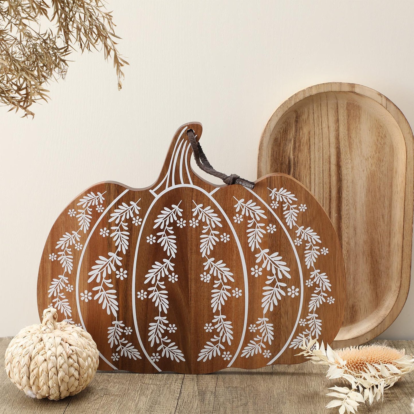 BrightRow Pumpkin Shaped Cutting Board Acacia Wood Serving Board Wooden Serving Platter Tray Cheese Fruit Bread Christmas Holiday Xmas Kitchen Decoration