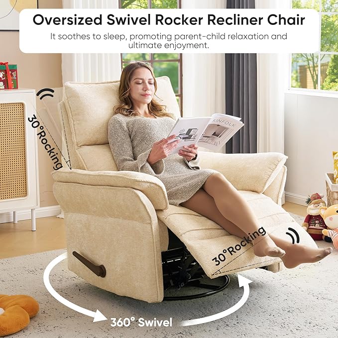 Rocking Chair Nursery with Adjustable Headrest, Manual Swivel Rocker Recliner