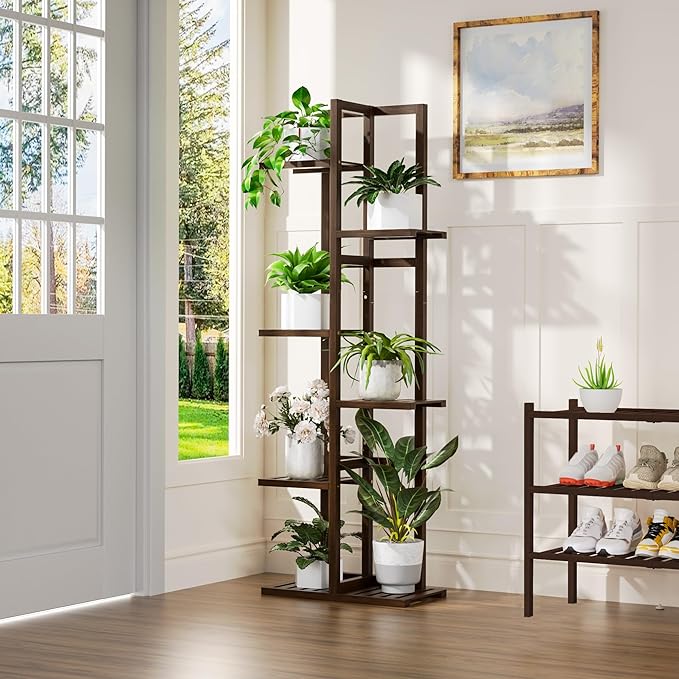 ROMGUAR CRAFT 6 Tier Bamboo Plant Stand Indoor, Wood Tall Flower Holder Corner