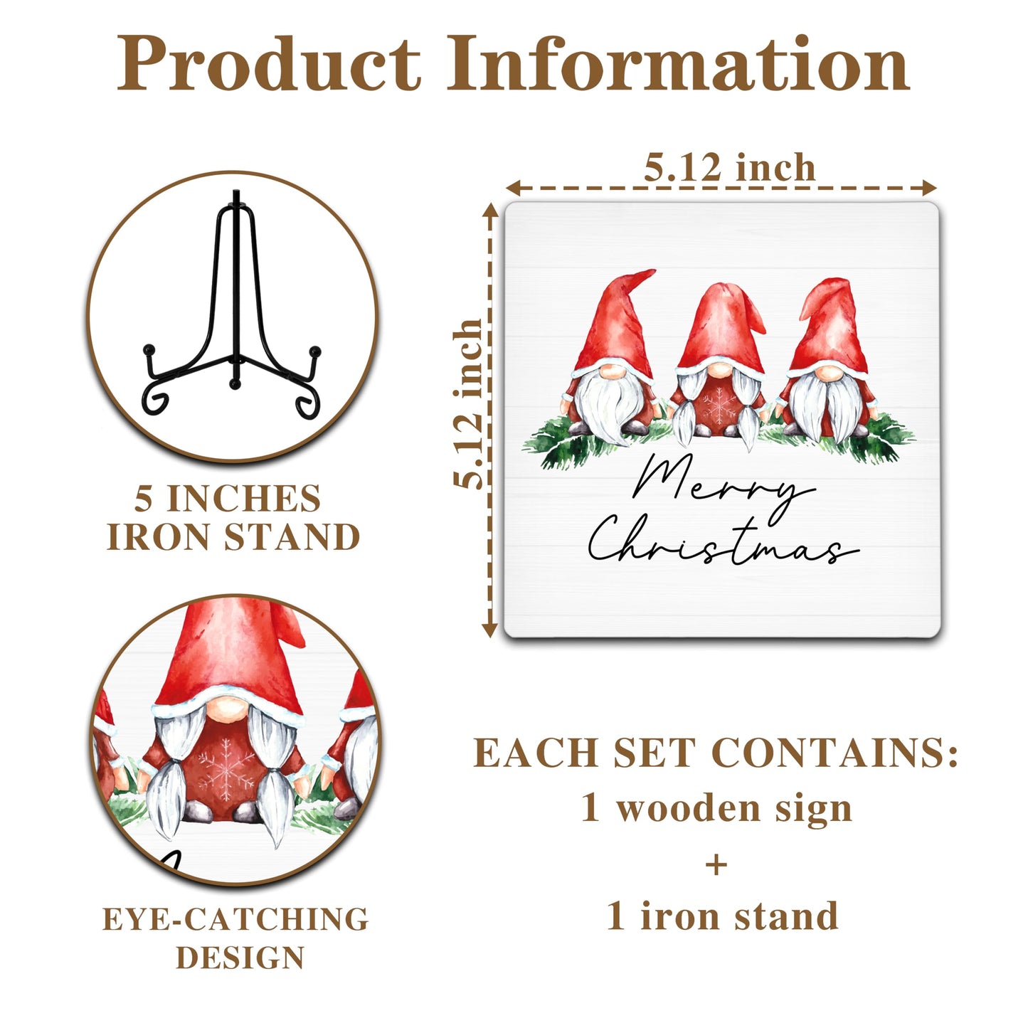 Cazhes Christmas Gnomes Wooden Decor, Merry Christmas Sign Decorations for Home Bedroom, 5x5 Inches Xmas Gnomes Decor with Iron Stand, Birthday New Year Gifts-G12
