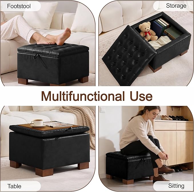 WUTUTUEE 24" Faux Leather Square Storage Ottoman