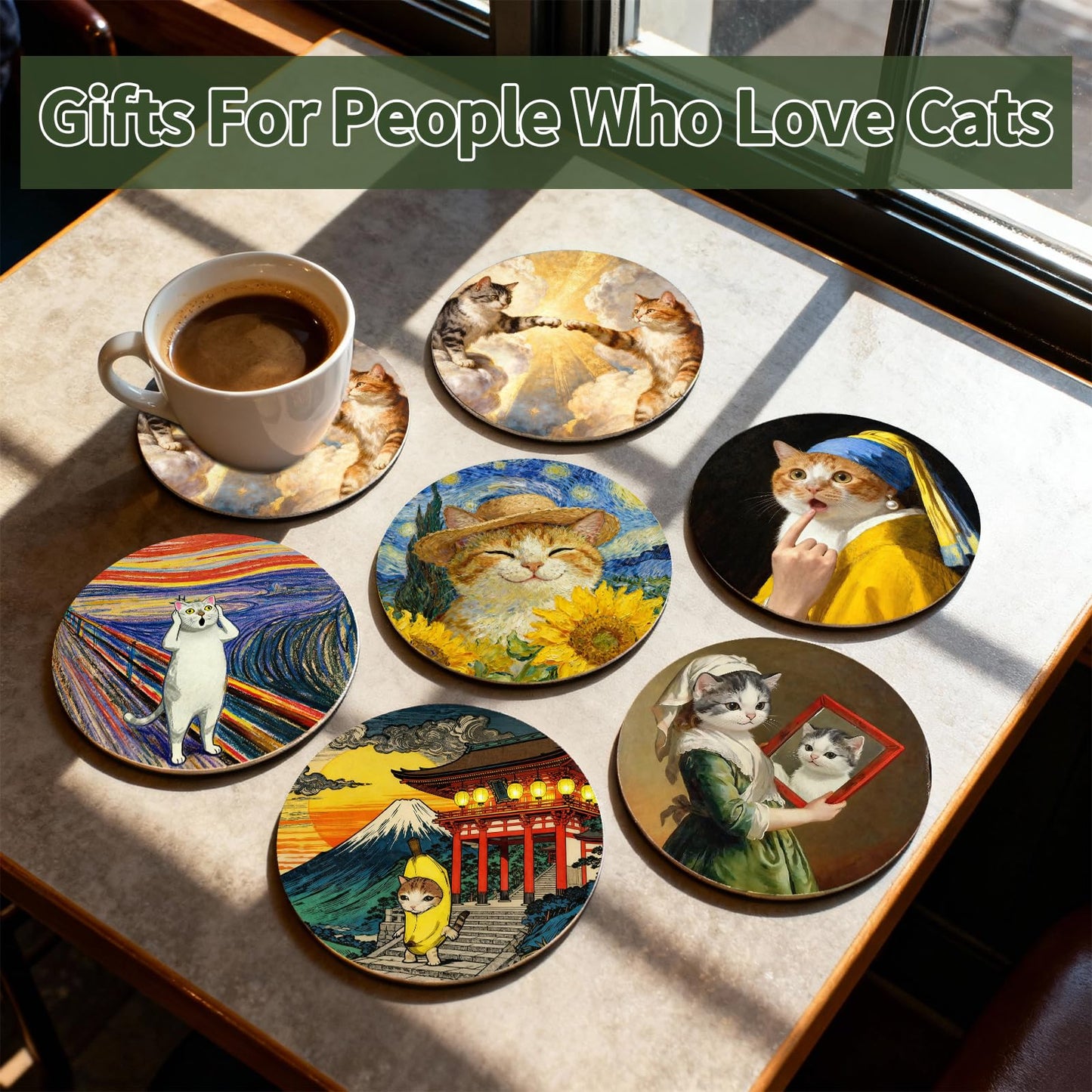 TBWHL Funny Coasters Set of 6, Fun Cat Drink Coasters, Absorbent Drink Anime Cat Coasters, Non Slip Cute Coasters for Desk, Coffee Table, Dining Room Decor