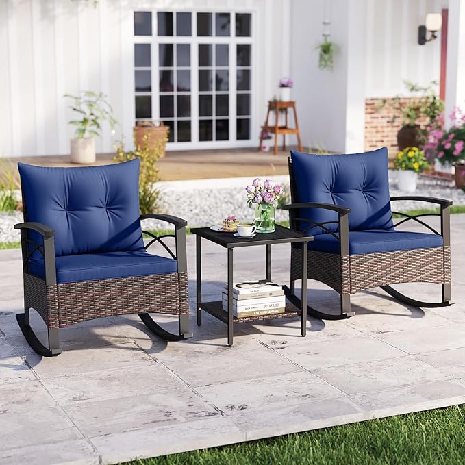 Tangkula 3 Piece Rattan Rocking Chair Set, Patio Rocker Bistro Set w/Acacia
