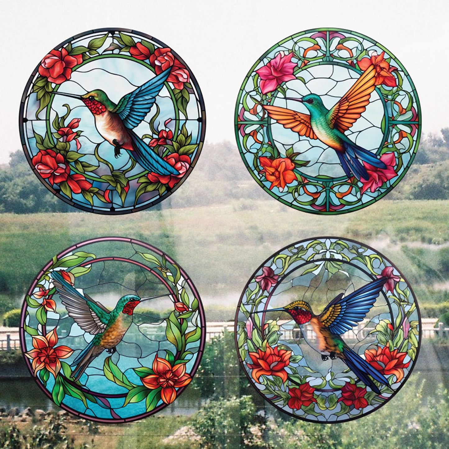 WBQMUNY 4 Sheets Window Decor Hummingbird Stained Glass Window Sticker - Wall Decor for Halloween Fall Christmas Decor for Home, Cafe
