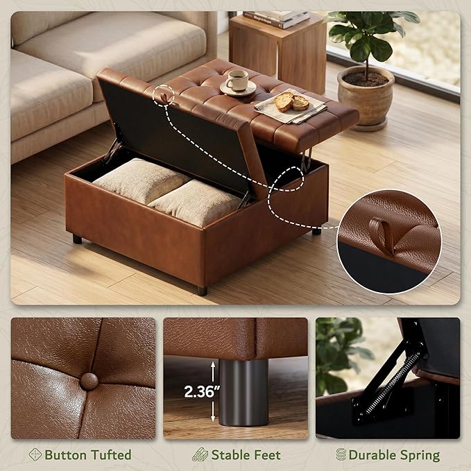 LINLUX Extra Large Leather Storage Ottoman, 35.5 Inch Large Square Lift Top
