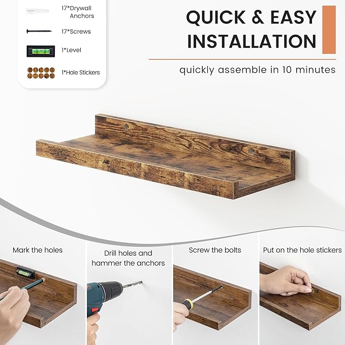 Floating Picture Ledge Shelves Set of 8, 16 Inch Solid Wood Wall Shelves