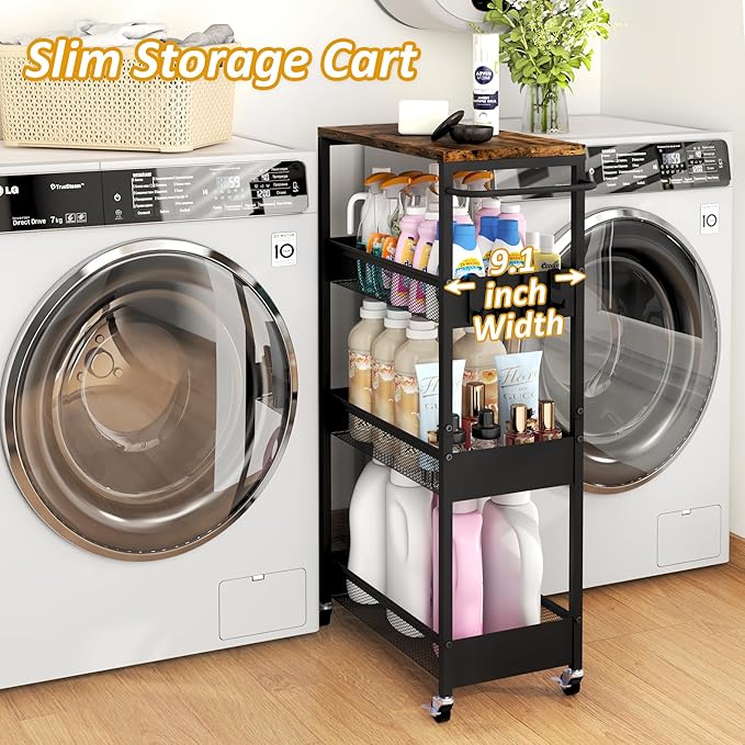 Vincona 9.1" Wide Slim Rolling Utility Cart, 4 Tier Metal Narrow Storage Cart with Handle and Wood Top, Multifunctional Small Mobile Shelf Unit Organizer Trolley for Laundry, Bathroom, Kitchen