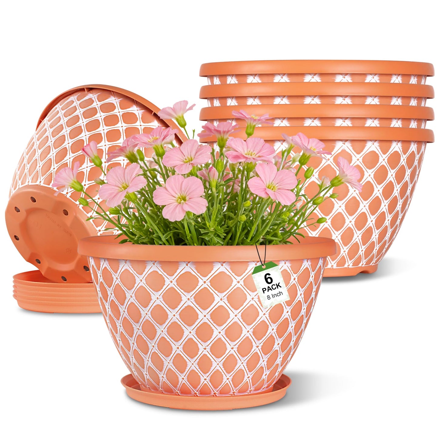 Nooulap 6 Pack 8 Inch Plant Pot, Flower Pots for Indoor Outdoor, Durable Decorative Planters for House Garden Plants Herbs Flowers Succulents, Orange and White Checkered Design