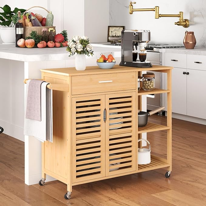Giantex Bamboo Kitchen Island Cart, Mobile Serving Cart